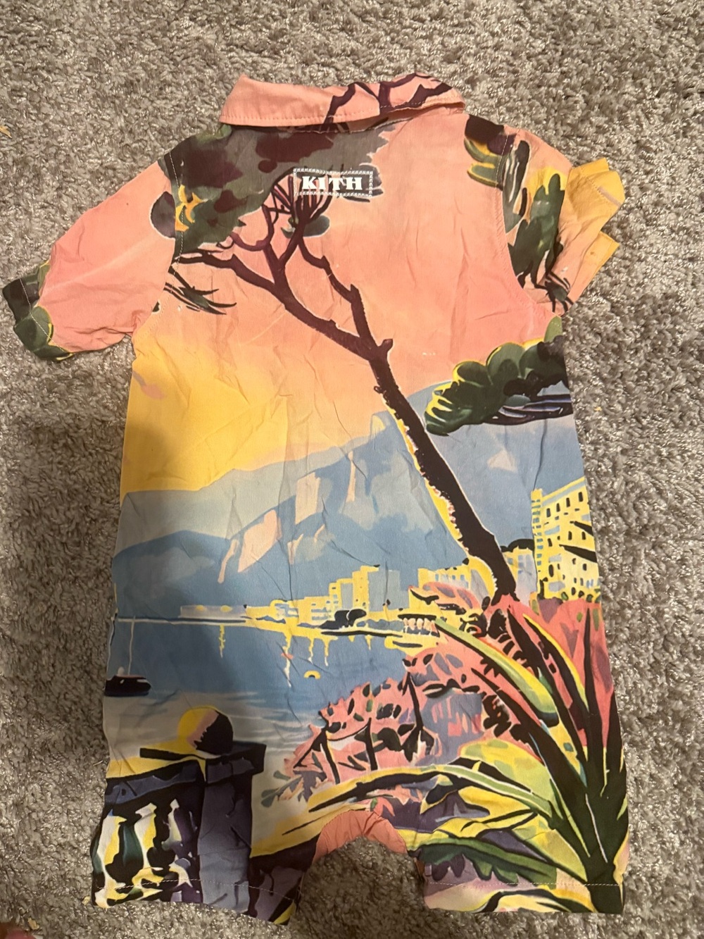 Kith Kids Tropical Landscape Button-Down Romper in Pink Yellow Blue